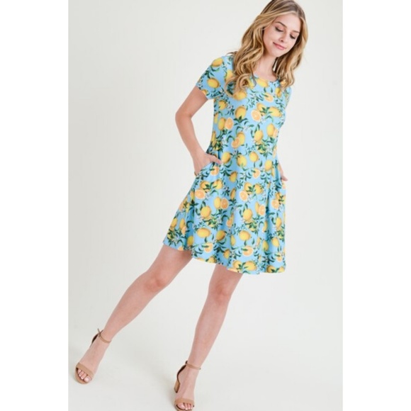 Womens Blue Lemon Print Fit And Flare Summer Dress - Picture 6 of 7